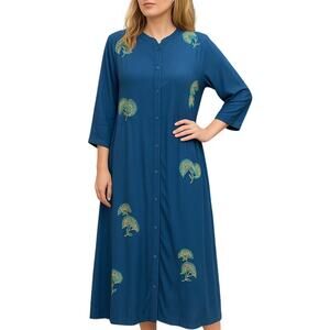 Women's Lare Boho Ethnic Blue Embroidered Button-Front Maxi Dress Amrapali